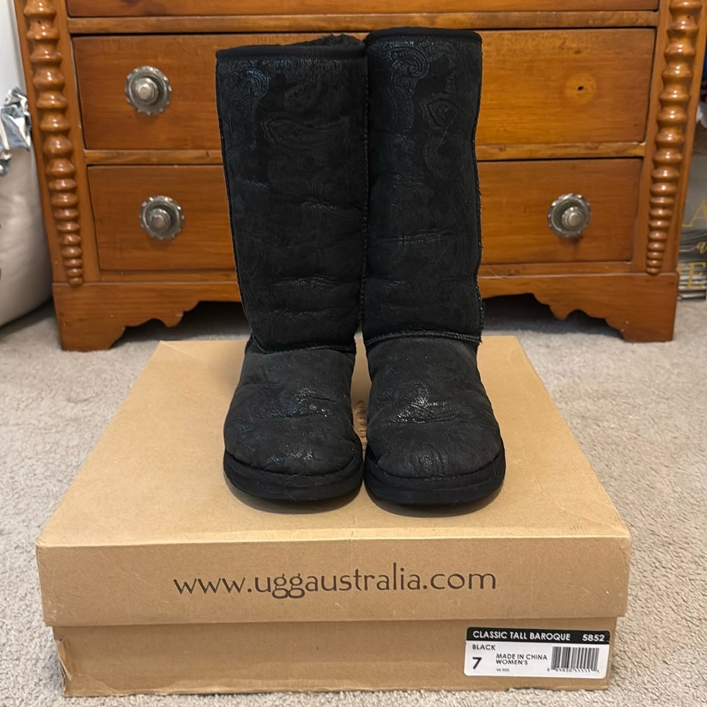 Classic Tall Black Ugg Boots with Baroque print